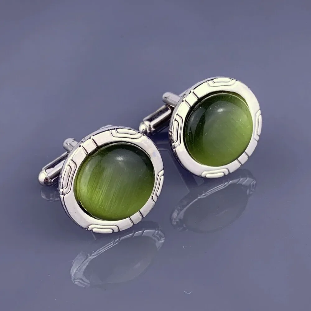 Green Round Cabochon Cufflinks Silver Tone Modernist Simple Cats Eye Vintage